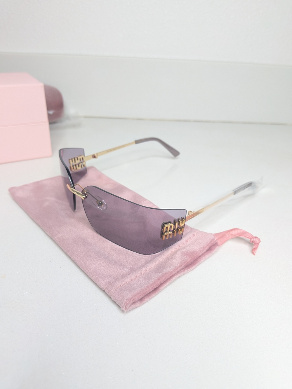Miu Miu Rimless Sunglasses Purple Gold Logo